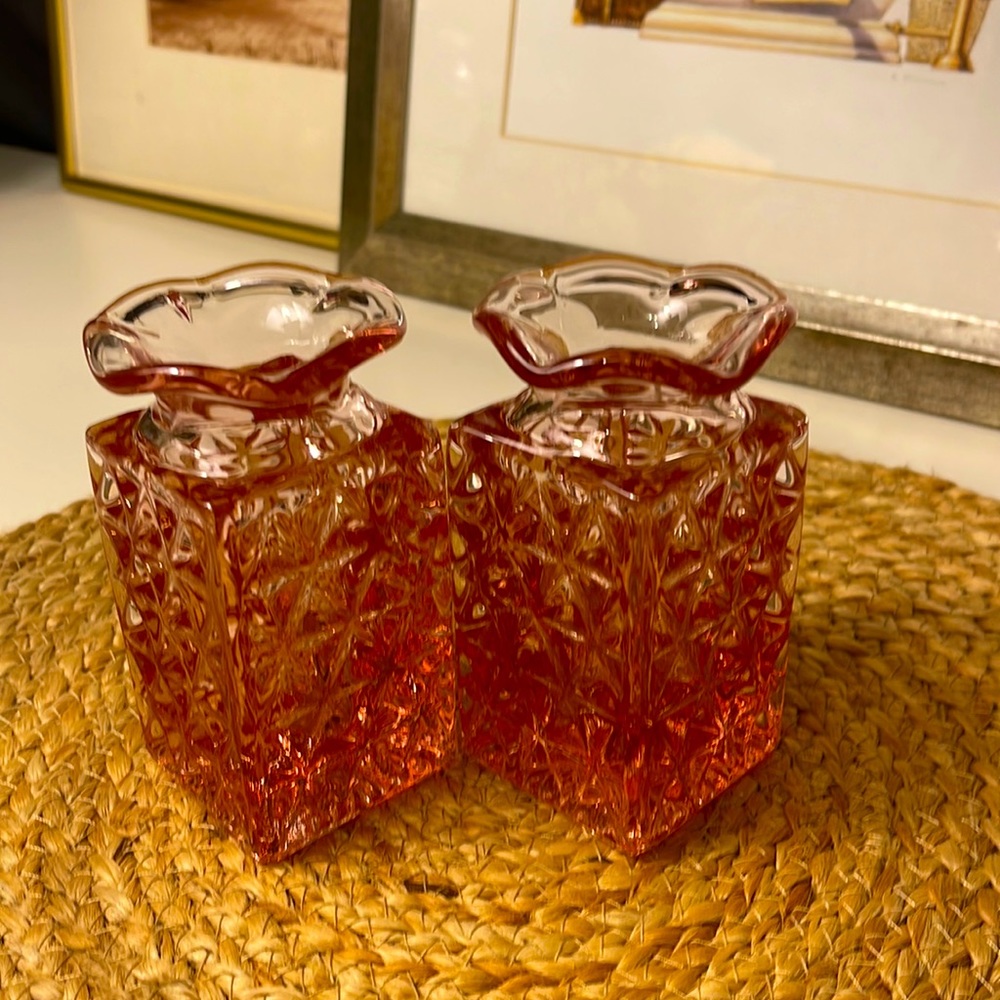 Vintage Pink Azalea Ruffled Top Flower Vase Imperial Glass Set of 2